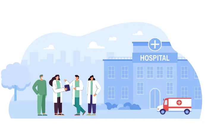 Illustration of healthcare professionals outside a hospital. One medical worker stands in green scrubs while three others, wearing white lab coats, discuss something on a clipboard. An ambulance is parked in front of the hospital building, highlighting the importance of knowing how to choose the best Hospital Management System